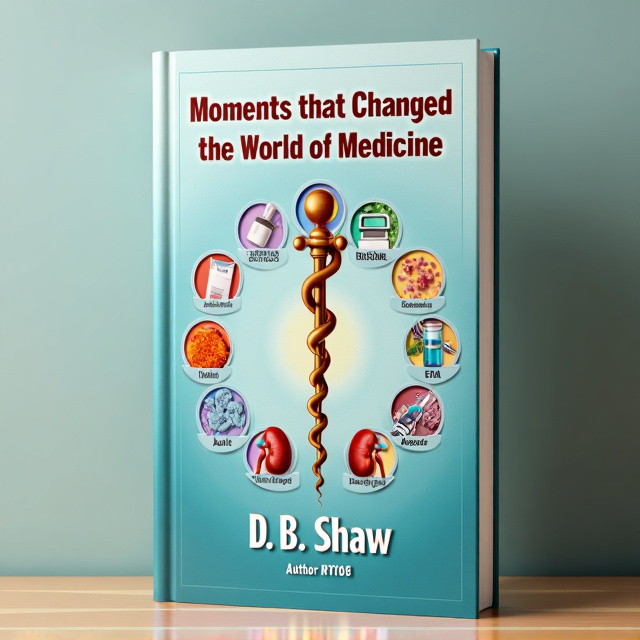 The title "Moments that Changed the World of Medicine" is centered at the top of the page in bold, captivating font. The author's name, "D.B. Shaw," is centered at the bottom of the page in a more subtle font. In the middle of the page, the Rod of Asclepius is prominently displayed, surrounded by a pacemaker, a dialysis machine, a bacterium, a vaccine, an x-ray machine, a human kidney, and a vial of insulin. The elements are arranged in a circular pattern around the Rod of Asclepius, creating a sense of harmony and balance.