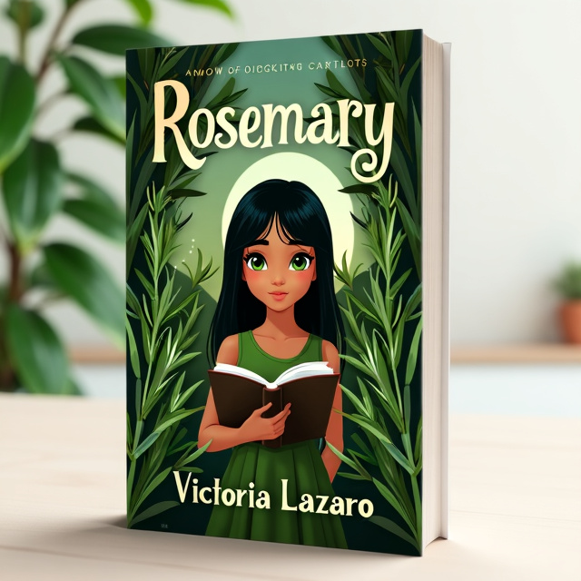 The cover features a girl with light brown skin and black hair, wearing a green dress while holding a book. She has green eyes and is surrounded by a lush rosemary plant, with a house emitting from it behind her.