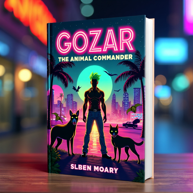 The cover features a vibrant and colorful retro male superhero with green hair in the center. He is surrounded by a futuristic Miami night scene, with neon lights, skyscrapers, and flying cars. Animals such as bats, dogs, cats, and snakes are depicted around him, symbolizing his ability to communicate and command animals. The background has a goth punk rock vibe, adding to the action and adventure theme of the book.