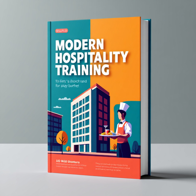 The cover features a combination of vibrant colors and hotel elements, such as a hotel building in the background and a waiter serving food and drinks. The colors are bold and eye-catching, creating a visually appealing design.