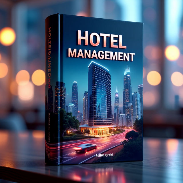 The cover features a futuristic hotel with sleek lines and a glass exterior. The hotel is depicted against a backdrop of a colorful city skyline at night, with bright lights and flying cars. The title "Hotel Management" is prominently displayed in bold, metallic lettering at the top of the cover. The author's name, "یونس.ذاکری" is displayed in a modern, futuristic font at the bottom right corner of the cover.