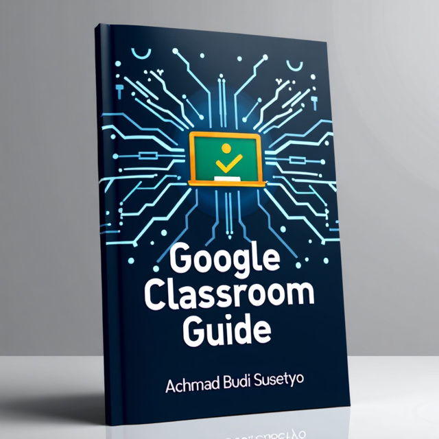 The cover features a futuristic and technological design. It includes a background pattern of interconnected circuitry in shades of blue and white, representing the science and technology genre. In the center of the cover, there is a prominent Google Classroom logo, symbolizing the focus of the book. Adjacent to the logo is the Trunojoyo Madura University logo, providing credibility and association with academia.
