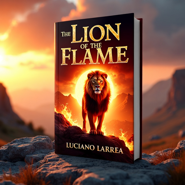 The cover features a majestic lion, its mane aflame, standing on a rocky terrain in a fictional land. The lion is depicted in a dynamic pose, exuding strength and power. The background showcases a vibrant sunset sky, with warm hues of orange and gold. The scene is set in a landscape that combines elements of Renaissance Europe with touches of epic fantasy, creating a sense of history and adventure.