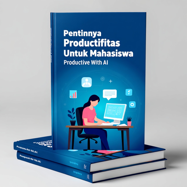 The cover features a clean and modern design with a blue background representing efficiency and productivity. In the center, there is an illustration of a student studying with the assistance of AI, symbolizing the role of technology in enhancing productivity. The title "Pentingnya Produktivitas Untuk Mahasiswa" is displayed prominently in white, bold typography at the top, and the subtitle "Productive With AI" is placed below it in a smaller font.