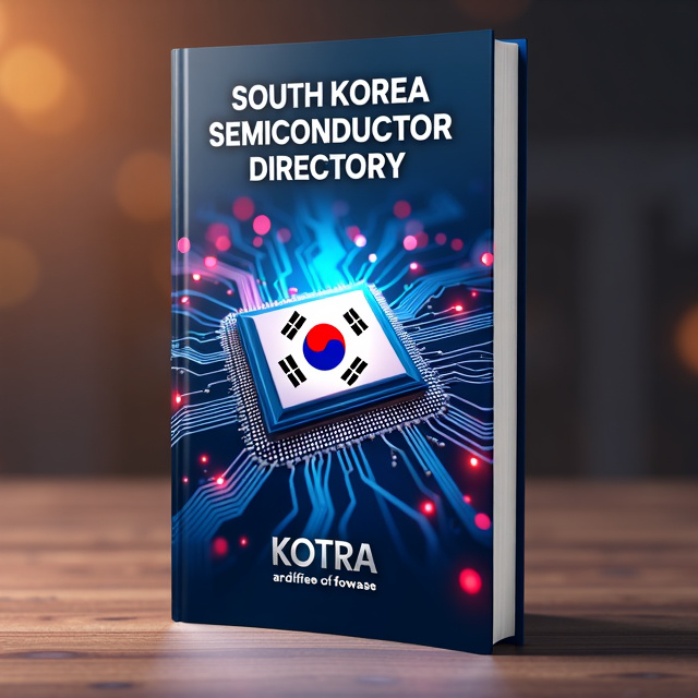 The cover features a vibrant image of a semiconductor chip, with various Korean company logos forming the background. The KOTRA symbol is prominently displayed in the center, representing the Korean business ecosystem, and the Korean flag is subtly incorporated into the chip design.