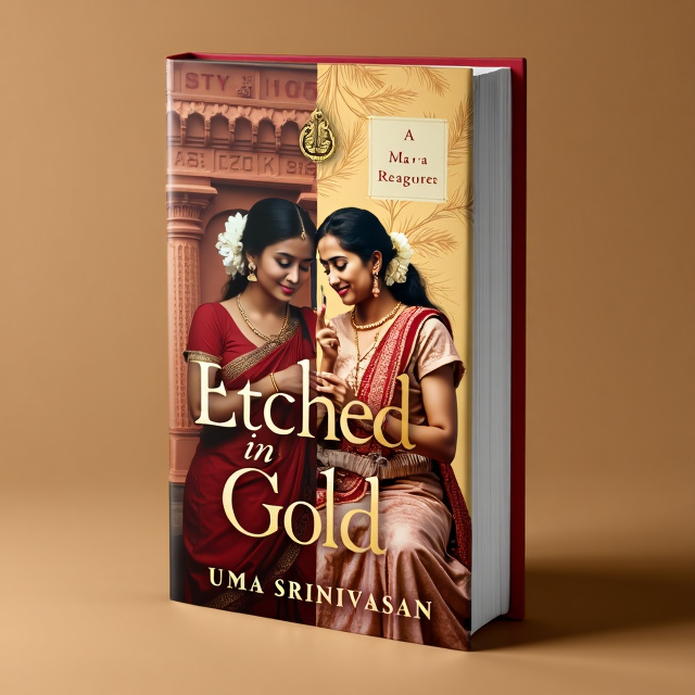 The cover features a split-screen effect, with the left half showing Amba in 1610 Tanjore and the right half showing Maya in 2010 Sydney. Both women are depicted playing the veena, a traditional South Indian musical instrument. The background showcases a temple and a palm leaf manuscript, symbolizing the cultural and historical elements of the story. The colors used are predominantly terra cotta, with hints of gold to represent the book title.