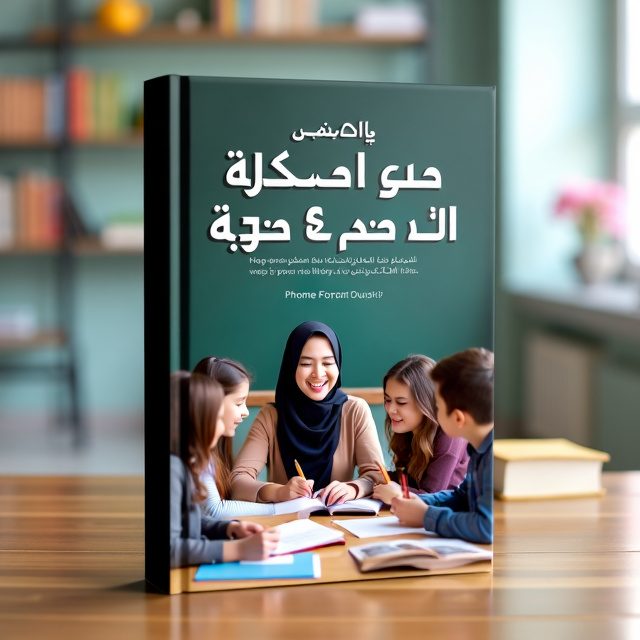 The cover features a central image of a teacher wearing a hijab surrounded by a group of diverse male and female students. The students are shown actively engaged in learning, with books and pens in hand. The composition is balanced and dynamic, with the teacher at the center and the students forming a circle around her.