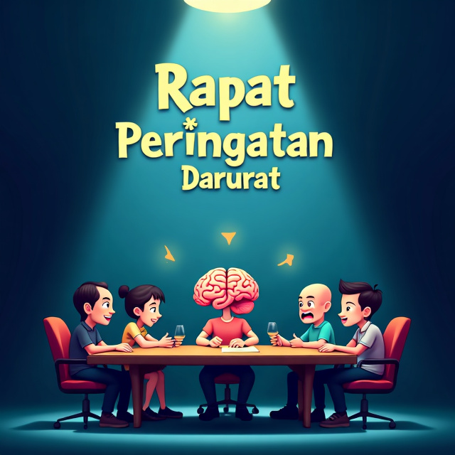 The cover features a dark blue background with a spotlight shining down on a meeting table. A brain is seated at the head of the table, surrounded by various body parts such as hands, feet, heart, mouth, nerves, and glands. Each body part is depicted with expressive faces, showing a range of emotions including comedy, happy, sad, confused, worried, and relieved.
