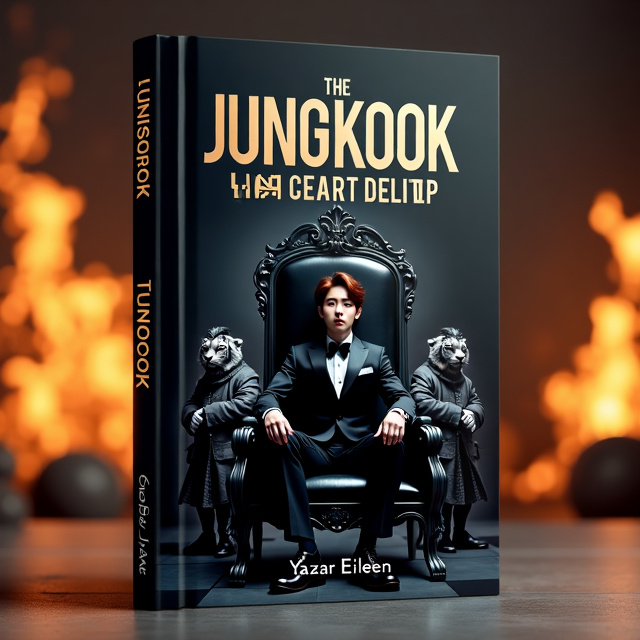 The book cover features a dark and mysterious atmosphere, with a black background representing the mafia theme. In the center, Jungkook sits on a large, serious black chair, giving an air of authority. On both sides of him, there are guards, symbolizing protection. His leg is shown as a black tiger, adding an element of intrigue. The background is filled with flames or luxurious elements, creating a sense of drama and sophistication.