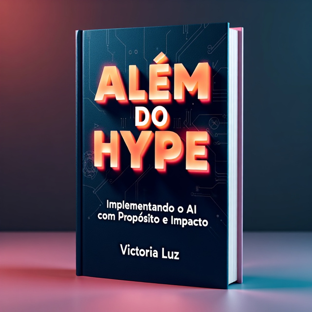 The book cover features a bold and modern design. The title "Além do Hype" is displayed in gradient typography using warm tones like oranges and pinks. The background showcases a subtle abstract pattern with textures that suggest technology, such as faint circuit lines. The subtitle "Implementando o AI com Propósito e Impacto" is positioned beneath the main title in a sleek italic font. The author's name, Victoria Luz, is placed at the bottom in a minimalist font.
