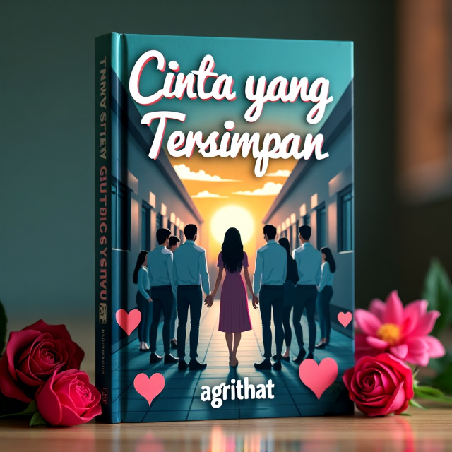 The cover features a woman at the center, surrounded by men who are attracted to her. She is shown in a pose that conveys both closeness and tension. The background depicts a school setting, with empty hallways and dark skies, creating a sense of desperation. Symbols of love, such as hearts and flowers, are placed at the bottom corners to provide contrast. The color palette includes dark shades of blue and gray to represent sadness, and soft pink and bright yellow to represent hope. Soft light and shadows are added to enhance the depth and tension of the cover.