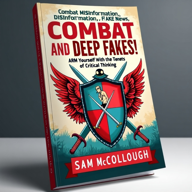 The cover features a prominent shield in the center, symbolizing protection and defense against misinformation. A sword is crossed behind the shield to represent strength and the ability to combat false information. On top of the shield, a thinker is depicted, representing critical thinking and knowledge. The overall style is bold and eye-catching, with vibrant colors and intricate details.