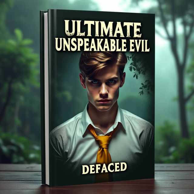 The cover features a young brown-haired man with a mysterious and brooding expression on his face. He is dressed in a white collared shirt with a yellow tie, symbolizing his intelligence and cunning. In the background, there is a misty jungle, representing the fantasy genre and the unknown dangers that lie ahead. The title of the book, "Ultimate Unspeakable Evil," is printed above the man's head in an ominous font, creating intrigue and setting the tone for the story.