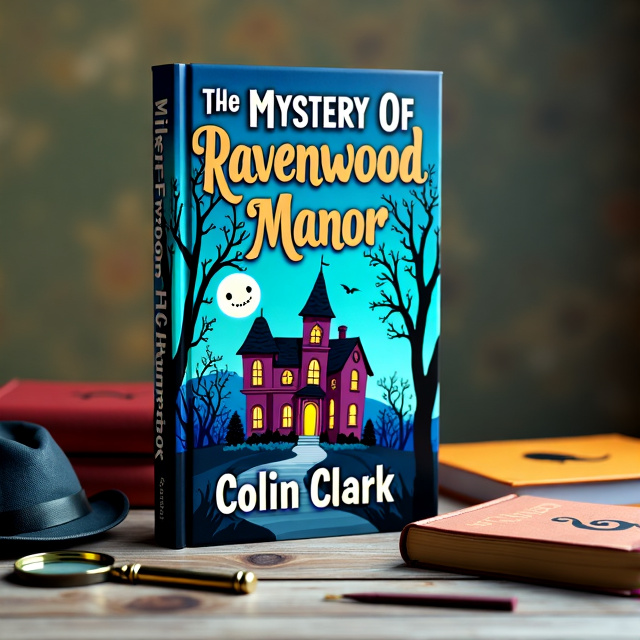The cover features a whimsical illustration of Ravenwood Manor, with a smiling moon hovering above it. In the foreground, there is a magnifying glass, a detective hat, and a book with a question mark on it, hinting at the mystery element of the story. The colors used are vibrant and playful.