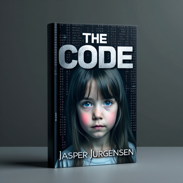 The cover features a close-up image of a small girl, her face partially hidden by strands of hair. Behind her, there is a backdrop of lines of code in a grey color scheme, creating a sense of tension and mystery. The overall composition is centered and balanced.