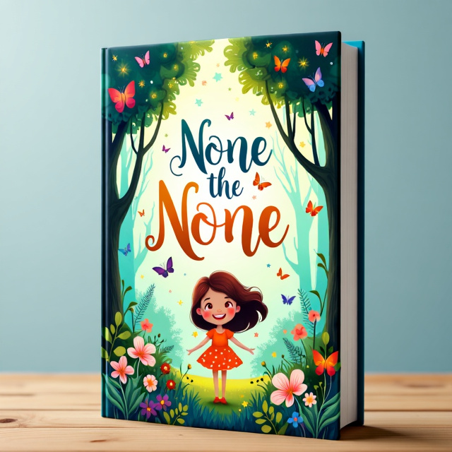 The cover features a whimsical and colorful illustration of a magical forest, with vibrant trees, flowers, and mystical creatures. In the center, there is a young girl with a bright smile, surrounded by butterflies and sparkling fairy dust.