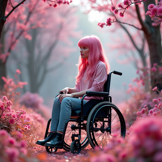 The cover features a woman with pink hair, sitting in a wheelchair in the center. She is surrounded by a whimsical and ethereal forest setting, with vibrant pink flowers and foliage. The overall style is dreamlike and fantastical.