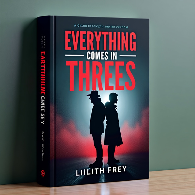 The cover features a dark, mysterious background with a silhouette of a detective and a psychic standing back to back. The silhouette is highlighted with a glow to symbolize their psychic abilities. The title "everything comes in threes" is displayed in bold, red font, creating a sense of urgency and danger. The author name "Lillith Frey" is placed at the bottom in a sleek, modern font.