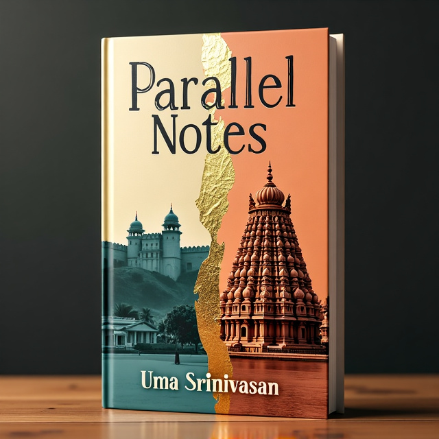 The cover features a split design, with the top half showcasing a Danish fort in the background, juxtaposed with the lower half displaying the grand Tanjore temple. A gold foil runs through the center, symbolizing the formal trade agreement signed between the two kingdoms. Musical notes weave around the gold foil, representing the importance of music in the story.