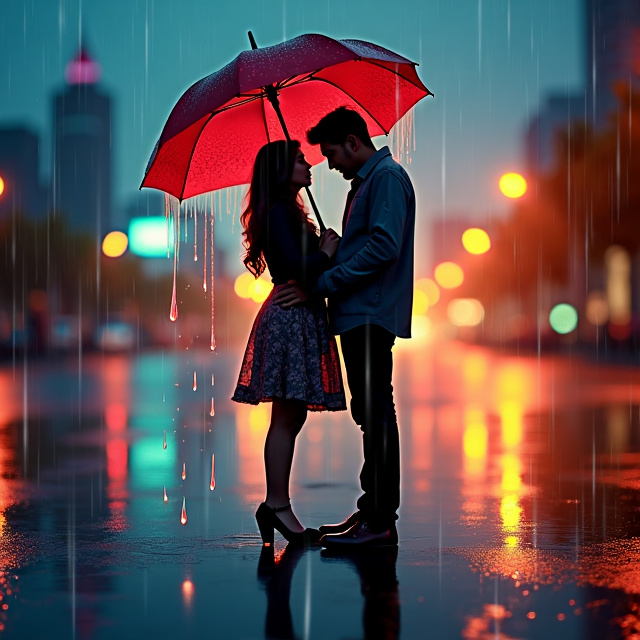 The cover features a close-up of a woman and a man holding a red umbrella, standing against a backdrop of a cityscape illuminated with colorful lights. The rain is depicted falling gently around them, creating a romantic atmosphere. The sunset colors in the sky add warmth and emphasize the emotional tone of the book.