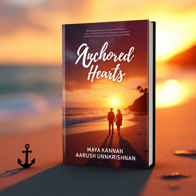 A sunset beach scene with a warm orange glow. In the foreground, a subtle image of an anchor in the sand. Soft silhouettes of a couple walking hand-in-hand near the water.