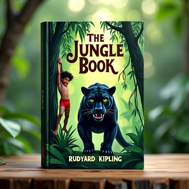 The cover features a lush green jungle background with tall trees and hanging vines. In the center, there is a fierce black panther, poised to pounce, surrounded by a sense of movement and action. Hanging from the trees is a jungle boy wearing red underwear, showcasing his adventurous spirit.