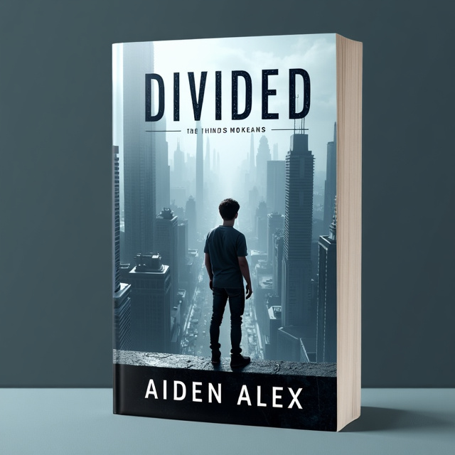 The cover features a young man, seen from the back, standing at the edge of a tall building, overlooking a sprawling futuristic cityscape. The city is depicted in shades of gray and blue, portraying a sense of isolation and desolation. The young man appears small and fragile in comparison to the vastness of the city, evoking a feeling of being lost and overwhelmed.