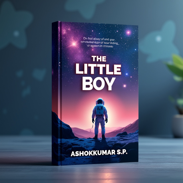 standing book mockup, Its title is "The Little Boy". Its author name is Ashokkumar S.P..  The cover features a lone astronaut standing on a desolate alien landscape, with strange constellation-filled skies above. The color palette is a mix of cold metallic tones and deep purples and blues, creating an otherworldly and eerie atmosphere. The title "The Little Boy" is displayed in a bold and futuristic font, while the author's name "Ashokkumar S.P." is in a sleek and modern style, both in a metallic silver color., The astronaut occupies the central focus of the cover, with the title placed at the top and the author's name at the bottom, creating a balanced composition.
