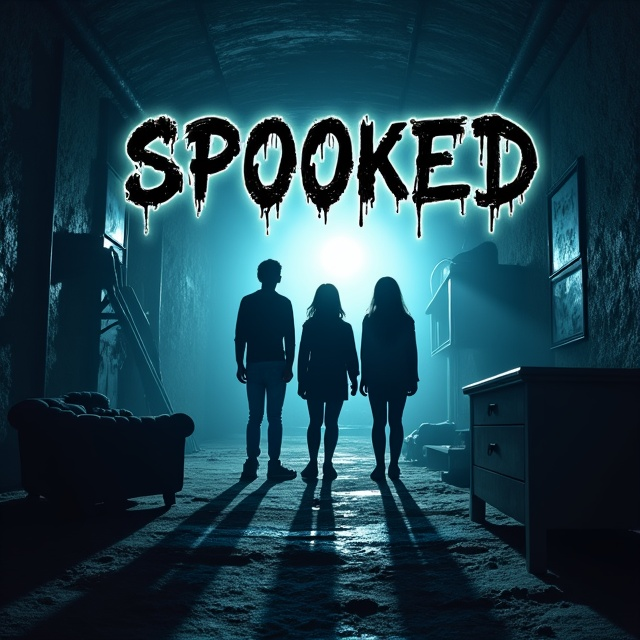 The cover features three teenagers standing in an attic, holding flashlights. The lighting is dim, creating a spooky and mysterious atmosphere. The teenagers are shown in silhouette, emphasizing their fear and anticipation. The attic is filled with old furniture and cobwebs, adding to the eerie setting.