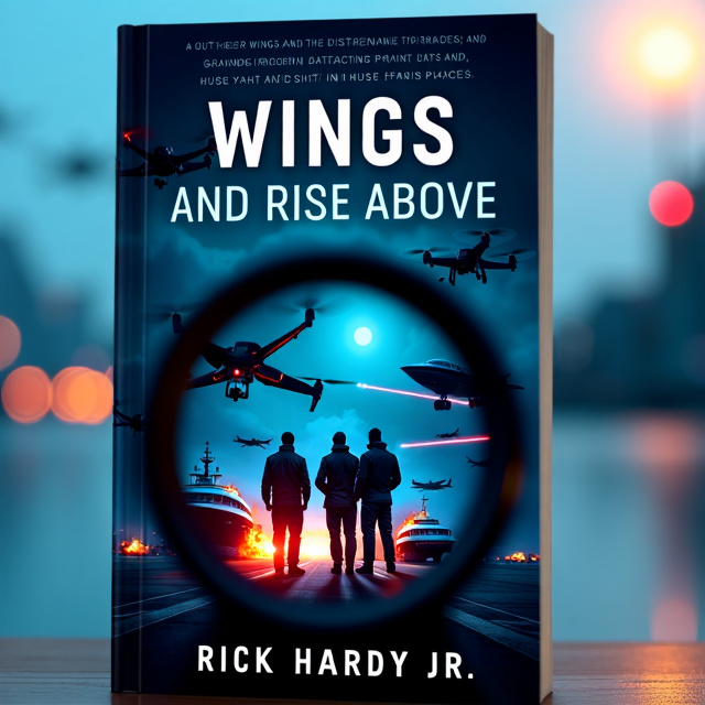 The cover features a dark blue background with a low light binocular view in the center. Three high tech spies disguised as maintenance personnel are shown through the binoculars. Surrounding them are drones with night vision, attacking grounded private jets and huge yachts in famous places. Red laser beams and explosions add to the suspenseful atmosphere.