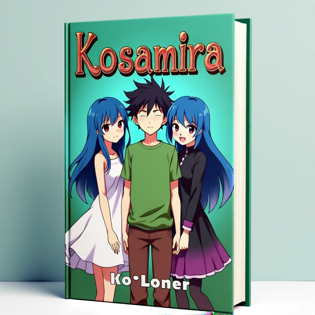 The cover features a vibrant and playful scene inspired by the KonoSuba style. In the center, there is a male character wearing a green plain t-shirt and brown pants, surrounded by three female characters. The female characters have blue hair and are dressed in white dresses, black and purple clothes, and green clothes/dresses respectively.