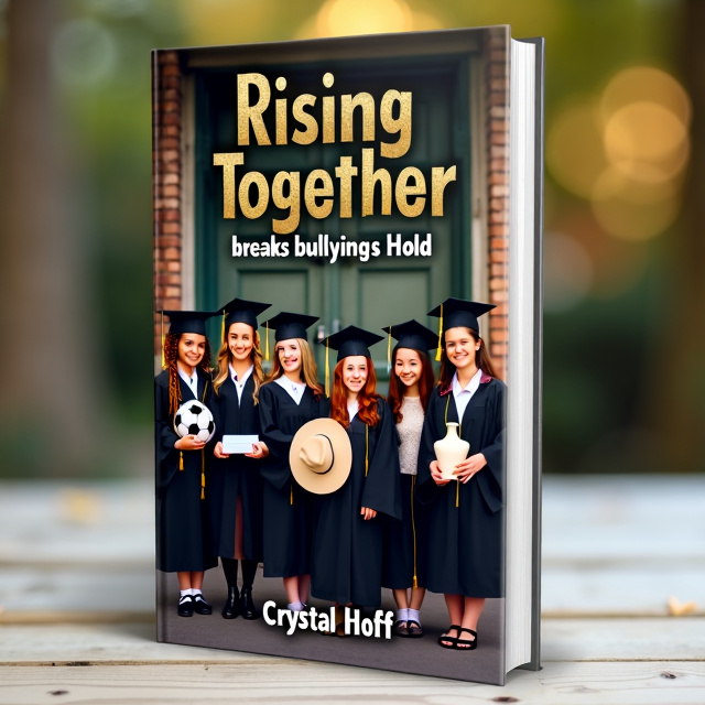 The Fab Seven are depicted standing in front of Clover Corner High School, wearing their graduation gowns and caps. Betsy, with her auburn hair in braids, is holding a cowgirl hat, while Dawn, Cleo, Sandy, Sara, Lollie, and Emily (who has Down syndrome) are holding a soccer ball, canvas, dress mannequin, and other art supplies. The background is a mix of black and gold colors.
