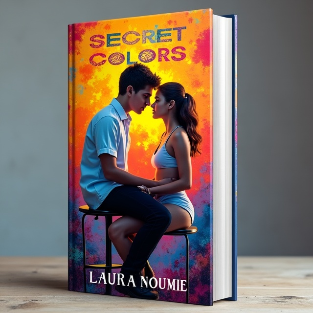 The cover features a close-up of the couple, with the young man sitting on a stool, holding a paintbrush, and looking deeply into the eyes of the teenage girl sitting on his lap. The girl is wearing the man's white shirt, which is slightly open, revealing her lingerie underneath. The background is a vibrant and colorful abstract painting, representing the secret and forbidden nature of their love.