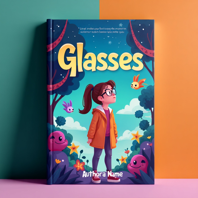 standing book mockup, Its title is "Glasses ".  The cover features a young girl wearing glasses, standing in front of a colorful and vibrant background. The girl is looking up with a mix of sadness and hope in her eyes. The background shows a different world with fantasy elements like floating islands and magical creatures. The title "Glasses" is written in a bold and playful font, with a slight slant to add a touch of whimsy. The author's name is written in a simpler and more elegant font at the bottom of the cover., The girl is placed slightly off-center, with the title and author's name on opposite sides of the cover. The background fills the remaining space, creating a balanced and visually appealing composition. The area where the author's name typically appears should be left completely blank, with no text or placeholder.