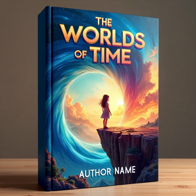 The cover features a young girl standing on the edge of a cliff, looking out at a new world filled with vibrant colors and fantastical landscapes. The girl is framed by a swirling vortex of time, symbolizing the journey she is about to embark on.