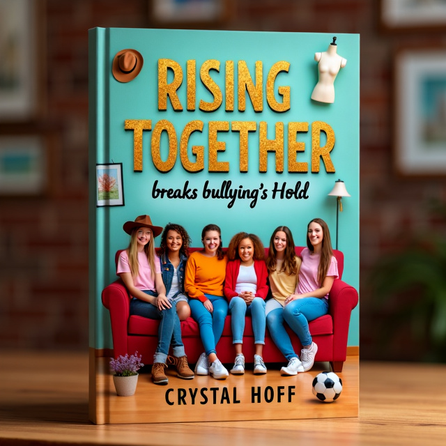 The senior versions of the Fab Seven, Betsy the cowgirl, Dawn, Sara, Sandy, Lollie, Cleo, and Emily, are seated together in the student lounge. Betsy is lying on the couch, her back still aching from the pain of her surgery. They are surrounded by elements representing their different interests a cowgirl hat, a soccer ball, a canvas, and a dress mannequin.