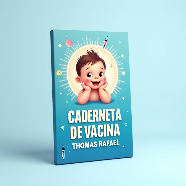 The cover features a cute baby in the center, surrounded by a gradient of light blue colors that transition from top to bottom. On the top left corner, there is a syringe representing vaccination. The title "CADERNETA DE VACINA THOMAS RAFAEL" is placed at the bottom of the cover, in a bold and playful font.