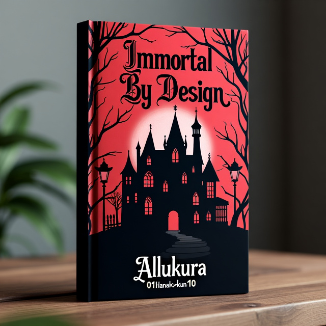 The cover features a black and white silhouette of a gothic-style mansion against a dark red background. The mansion is surrounded by twisted thorny vines, giving it a sinister and eerie feel. The title "Immortal By Design" is written in bold, elegant red font at the top of the cover, with the author's name "Allukura (01Hanako-kun10)" displayed in smaller white font at the bottom.