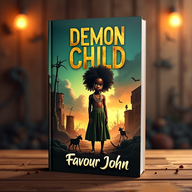 The cover features a teenage African girl with green eyes dressed in a traditional African attire, standing in the foreground. In the background, there is an apocalyptic scene with destruction and chaos, along with little demonic creatures scattered around.