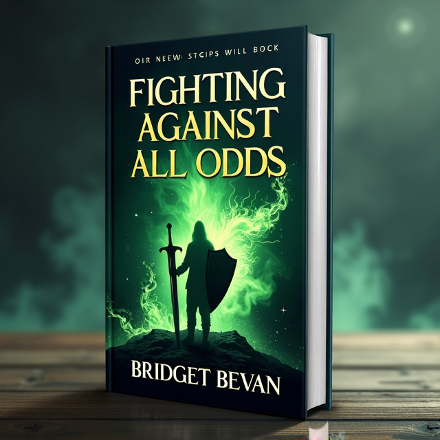A hilt with green fire in the shape of a dagger on the left, a shadow in the middle, and a sword and shield on the right. The background will be a mysterious and dark setting, with hints of magical forces flowing around the characters.