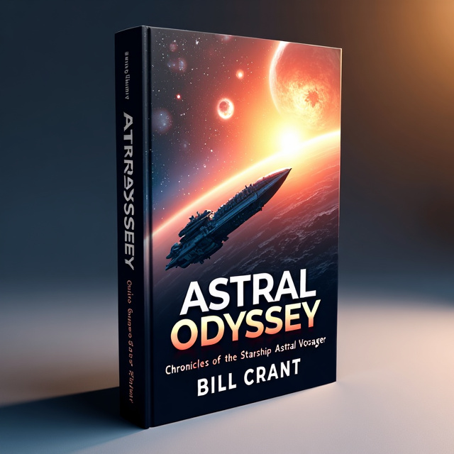 The cover features a stunning image of the starship Astral Voyager soaring through the vastness of space, with a vibrant sunrise as the backdrop. The starship is depicted as a massive vessel, measuring 1500 meters in length and with 30 decks, evoking a sense of awe and wonder.