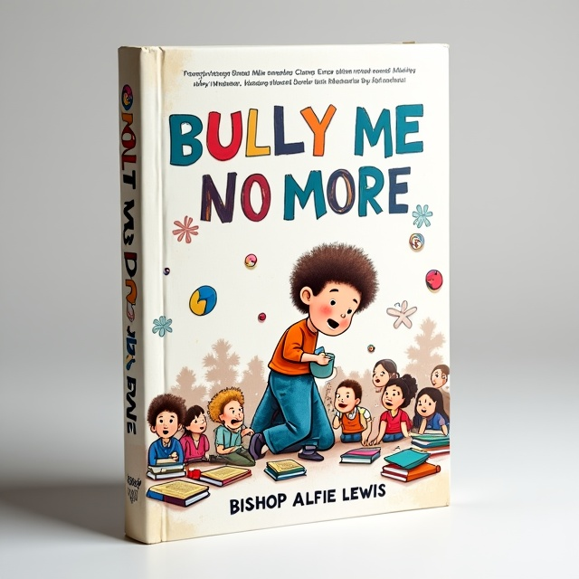 The cover features a child on the floor, with books scattered around them. The child is shown in a vulnerable position, looking up at the bully with a pleading expression. The bully is shown in a dominant stance, standing over the child. The background is filled with colorful illustrations depicting other children, representing the theme of bullying in a children's setting.
