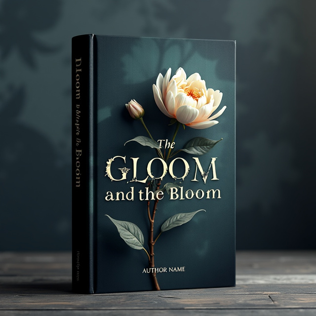 A dark background with a subtle texture, featuring an intricate silhouette of a blooming flower with delicate petals. Shadows are intertwined with the flower, adding an element of mystery. The overall mood is somber yet enchanting.