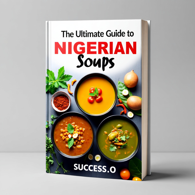 The cover features a close-up image of a bowl of Egusi soup, Okra soup, and Ogbono soup, arranged in a visually appealing manner. The soups are garnished with fresh ingredients, creating a vibrant and inviting scene.