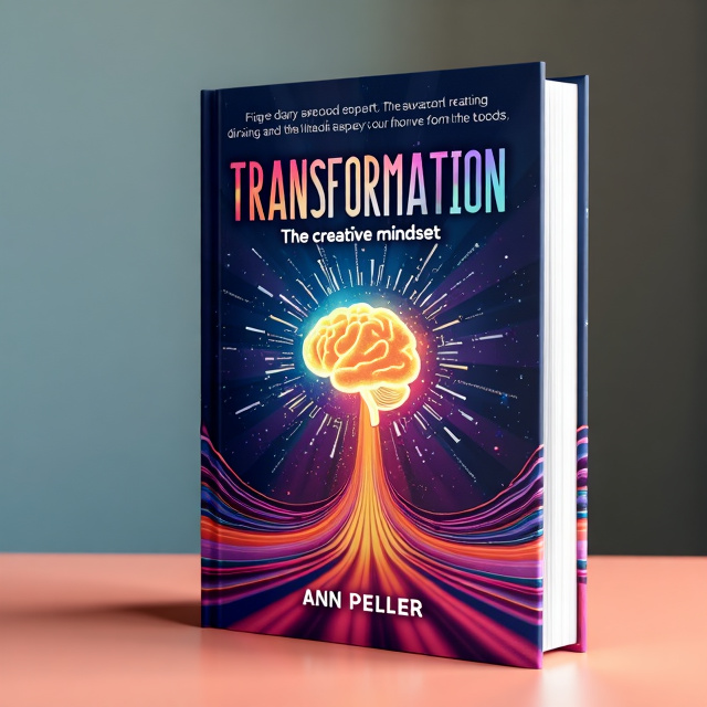 The cover features a vibrant and colorful abstract background with flowing lines and geometric shapes. In the center, there is an illustration of an open mind with rays of light emanating from it, symbolizing the power of transformation. The title "Transformation" is placed prominently at the top, with the subtitle "The creative mindset" below it. The author's name, ANN PELLER, is displayed at the bottom right corner.