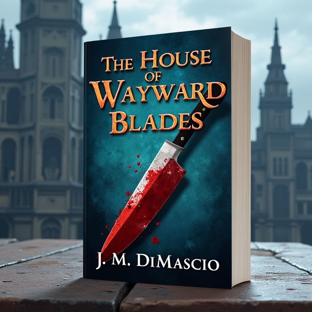 The cover features a large, stoic fantasy city in the background, with tall towers and intricate architecture. In the foreground, there is a prominent image of a bloodied knife, placed diagonally across the cover, symbolizing the wayward blades. The knife is surrounded by subtle hints of magic, such as glowing runes or wisps of smoke.