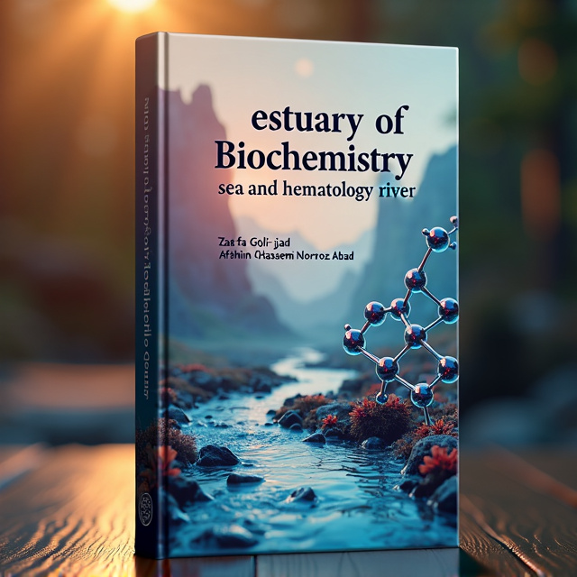 The cover features a warm, scientific, and technical vibe with molecules forming a river in the background. In the foreground, there is an intricately designed hemoglobin structure, representing the focus on biochemistry and hematology. The colors used are earthy and warm tones to evoke a sense of nature and scientific exploration.