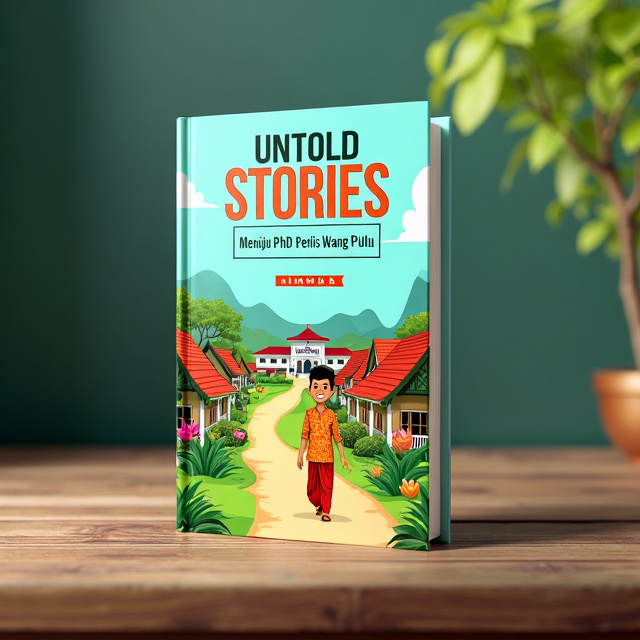 The cover features a vibrant and lively illustration of a Malaysian village with colorful houses and lush greenery. A smiling character dressed in traditional clothing is depicted walking towards a university building in the background.