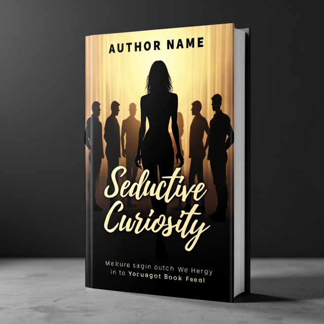 The cover features a confident woman standing at the center, surrounded by multiple silhouettes of curious men. The background is sleek, with shades of gold and black, creating an aura of sophistication. The woman’s posture is strong, and the overall image conveys empowerment, mystery, and allure.