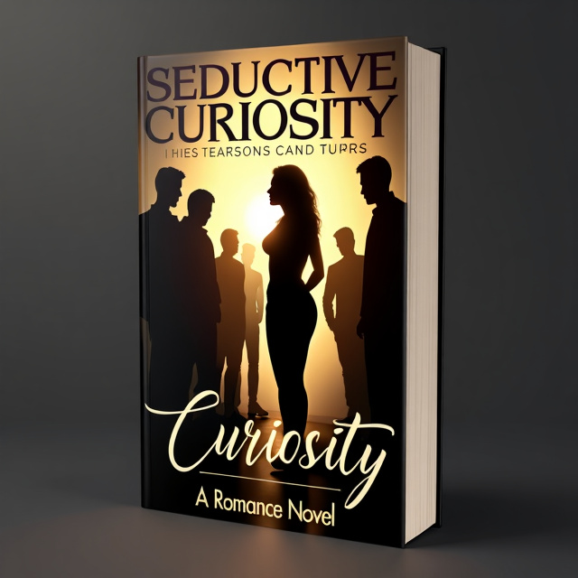 A confident woman standing at the center, glowing with self-assurance, as multiple silhouettes of curious men surround her, looking intrigued but slightly confused. The background is sleek, with shades of gold and black, creating an aura of sophistication. The woman’s posture is strong, and the overall image conveys empowerment, mystery, and allure.